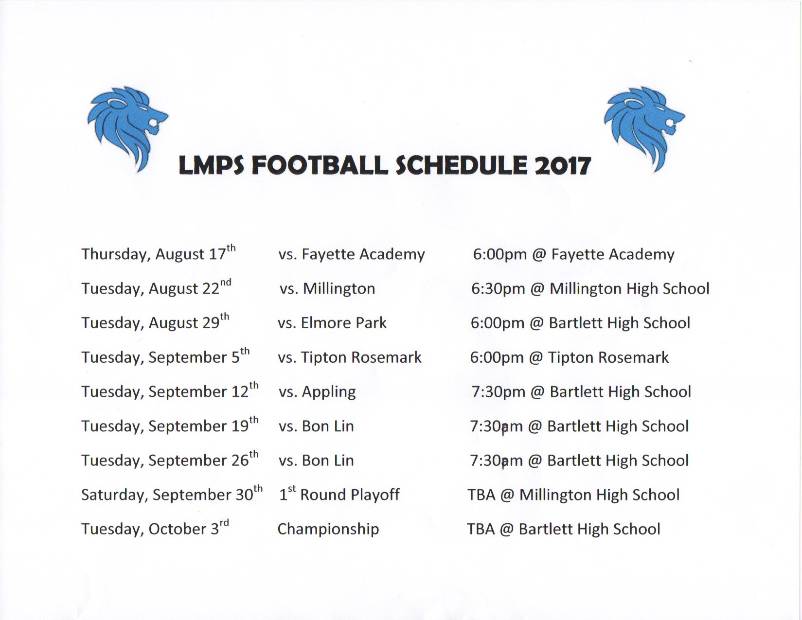 LMPS lions schedule football Lakeland Currents