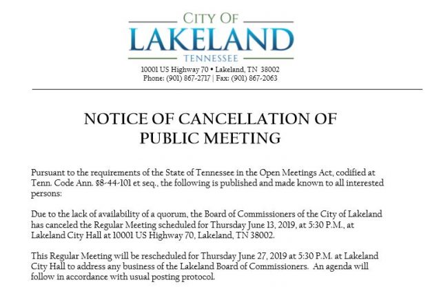 Notice of Meeting Cancellation - BOC - Lakeland Currents